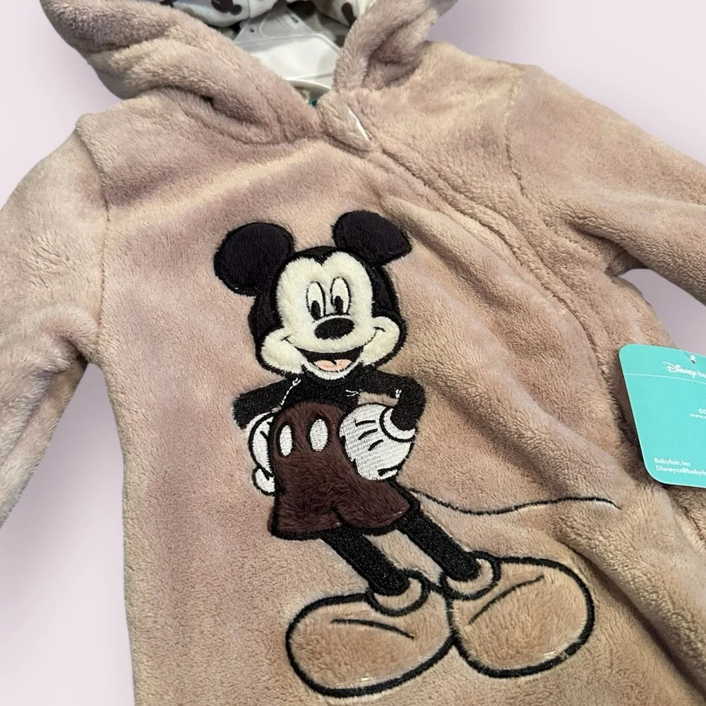 NWT Disney Baby Mickey Mouse One Piece Footies with Hood Tan Size 3/6 Months - Picture 4 of 10